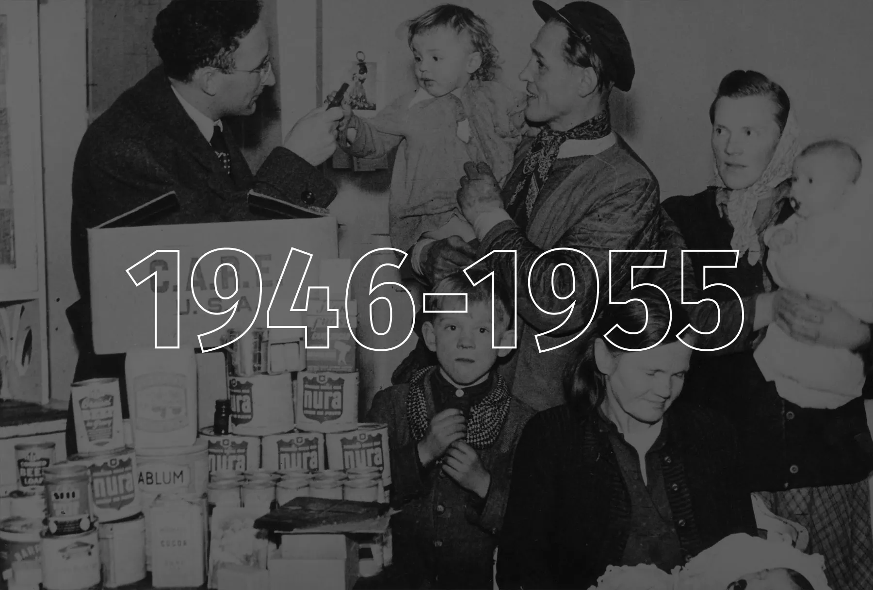 Four adults and three children huddle around a large CARE Package with canned goods stacked around it.